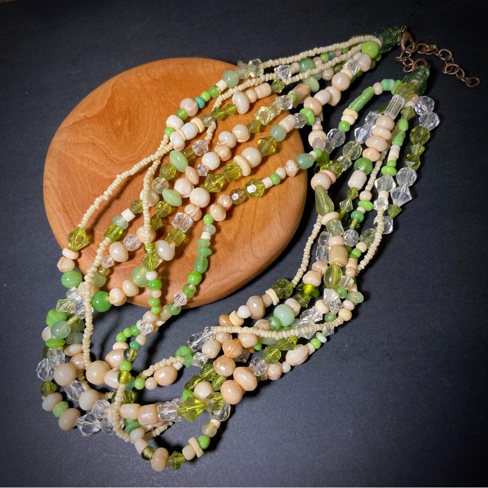 Vintage Green White multi stand beaded necklace